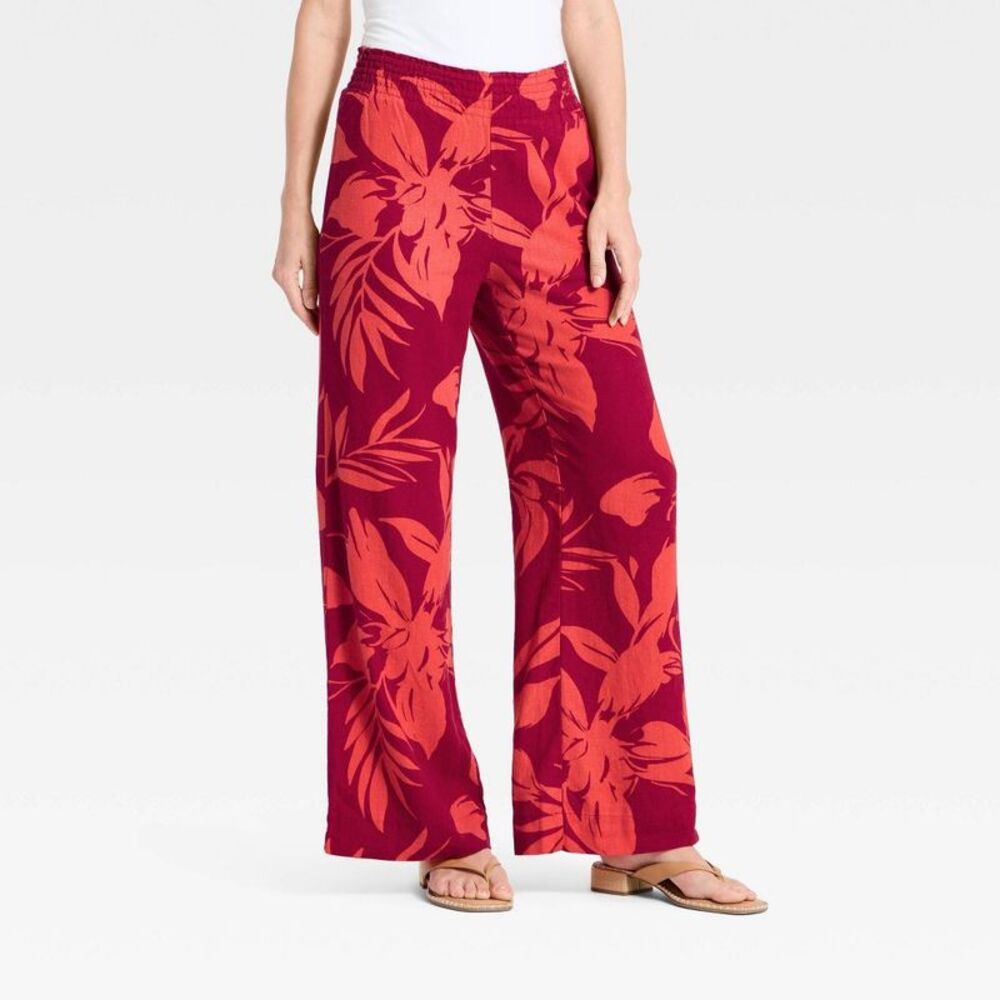 Women's High-Rise Linen Wide Leg Pull-On Pants - A New Day Red Floral XS Short